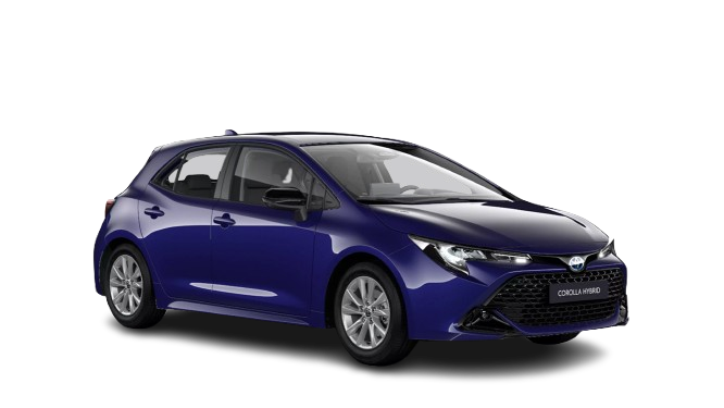 Ein weißer Corolla Comfort Hybrid in diagonaler Frontansicht vor einem weißen Hintergrund