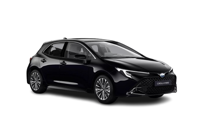 Ein schwarzer Corolla in diagonaler Frontansicht vor einem weißen Hintergrund und dem Logo mit der Schrift Teamplayer in der oberen rechten Ecke