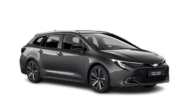 Ein schwarzer Toyota Corolla Touring Sports in diagonaler Frontansicht vor einem weißen Hintergrund und dem Logo mit der Schrift Teamplayer in der oberen rechten Ecke