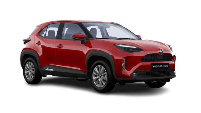 Ein weißer Toyota Yaris Cross Basis Hybrid in diagonaler Frontansicht vor einem weißen Hintergrund