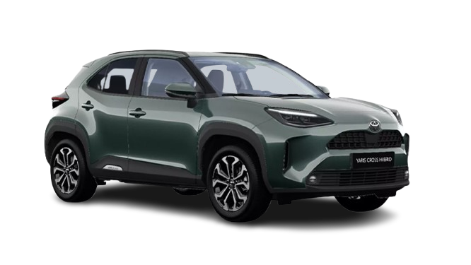 Ein schwarzer Toyota Yaris Cross in diagonaler Frontansicht vor einem weißen Hintergrund und dem Logo mit der Schrift Teamplayer in der oberen rechten Ecke