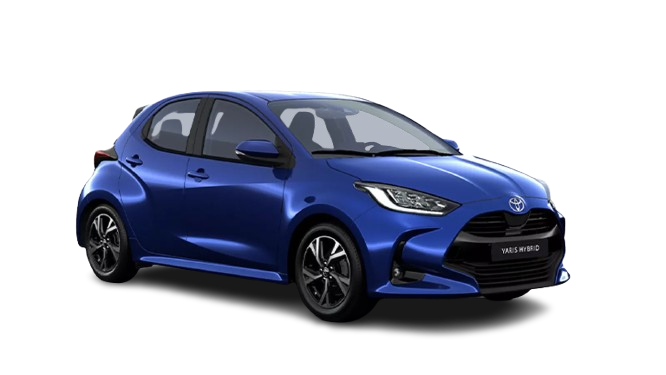 Ein schwarz Toyota Yaris in diagonaler Frontansicht vor einem weißen Hintergrund und dem Logo mit der Schrift Teamplayer in der oberen rechten Ecke